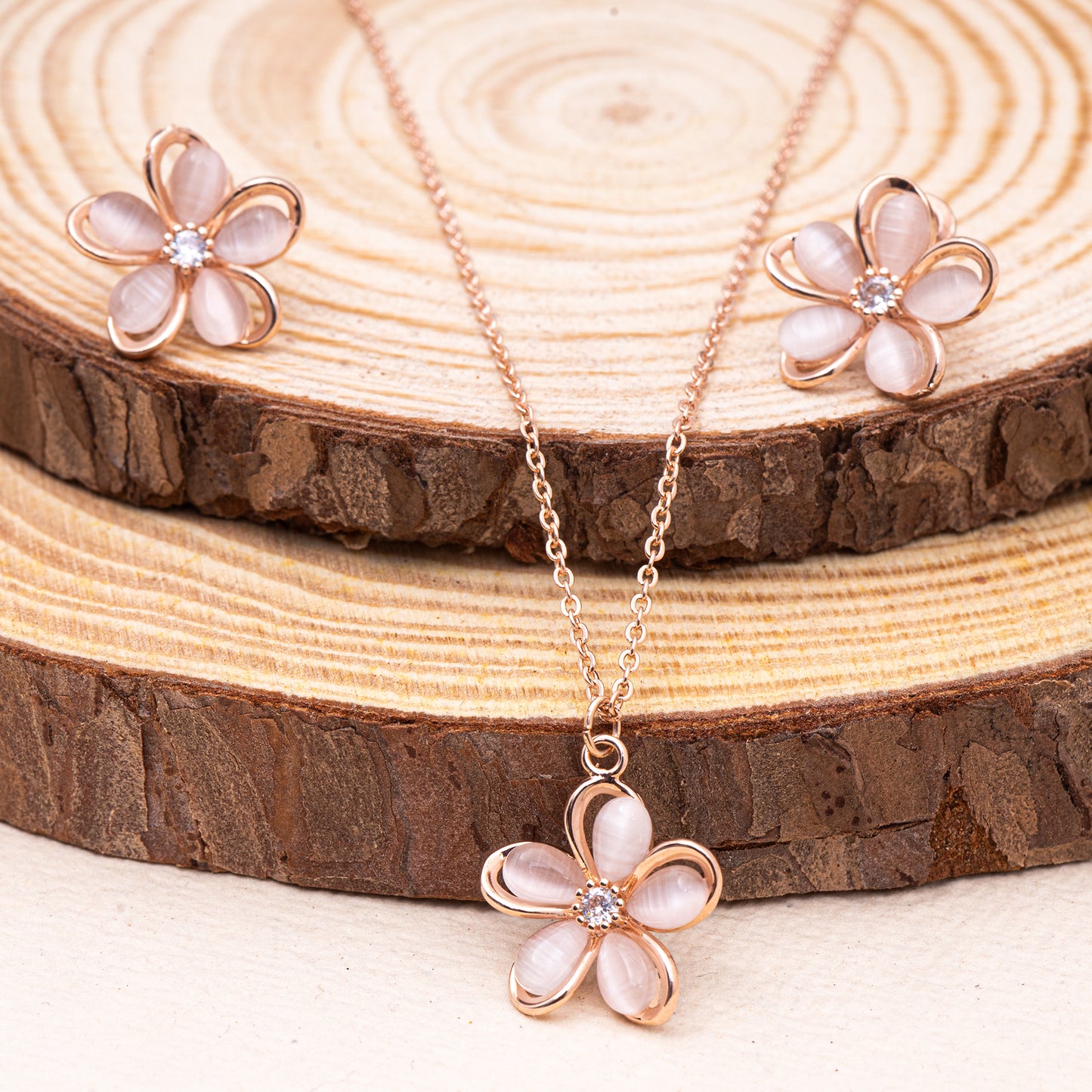 Mother of Pearl and Zirconia Floral RoseGold SS Necklace set with Stud Earrings