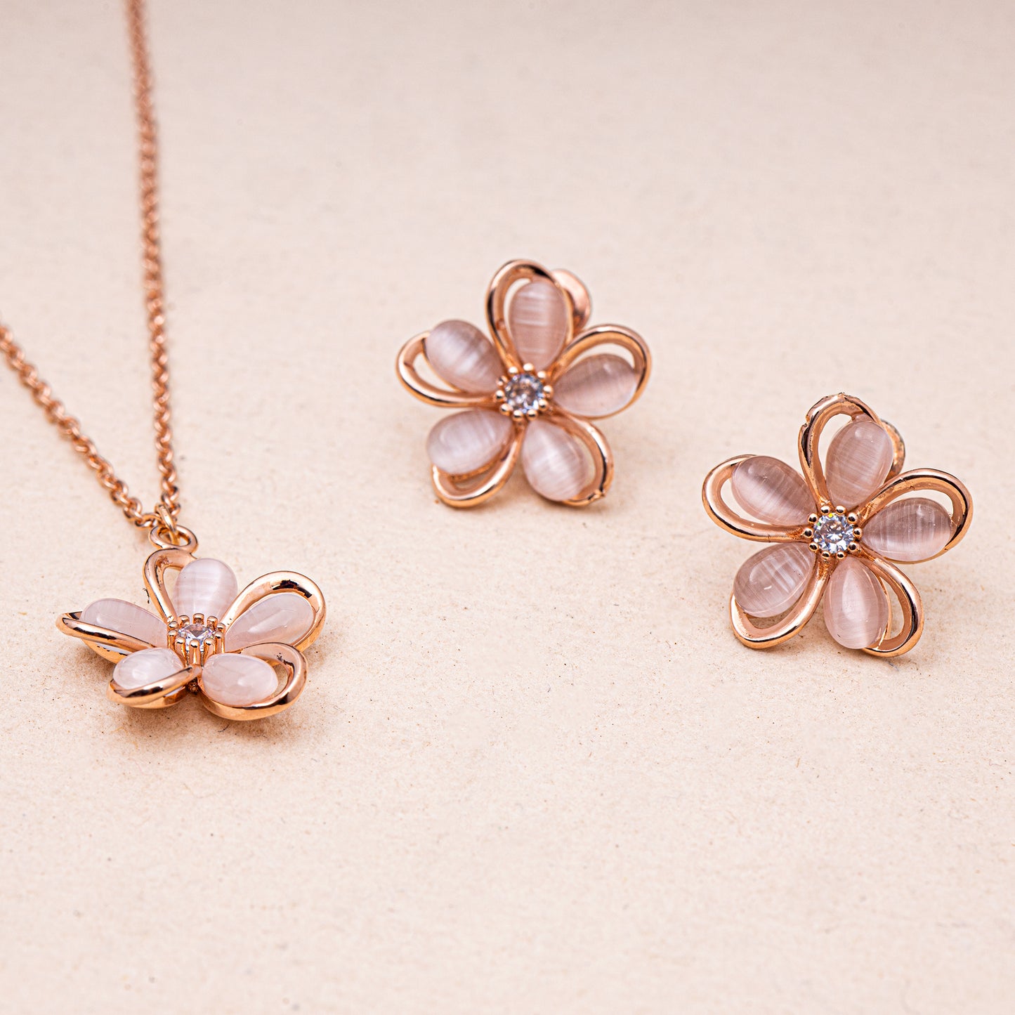Mother of Pearl and Zirconia Floral RoseGold SS Necklace set with Stud Earrings