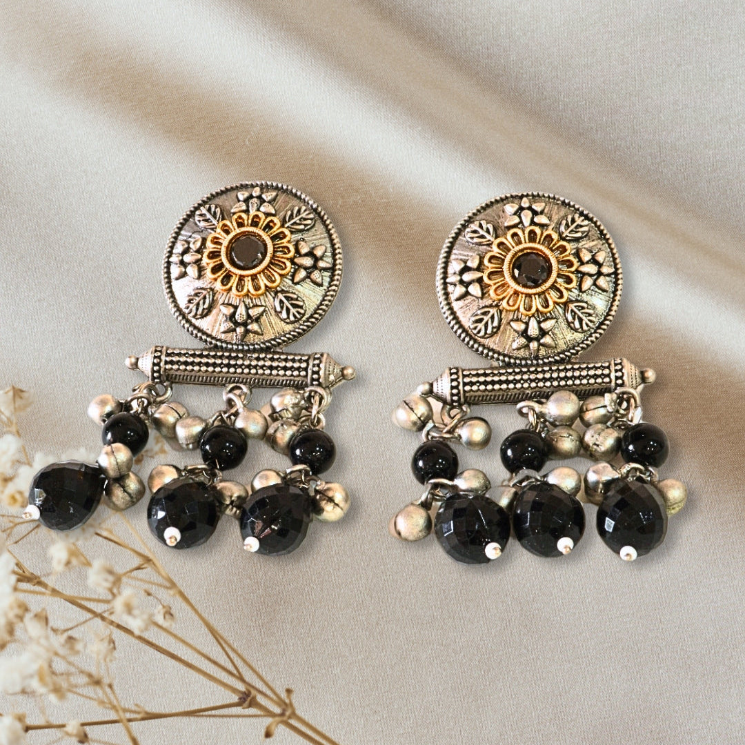 Oxidized Dual-Toned Black Stone Earrings