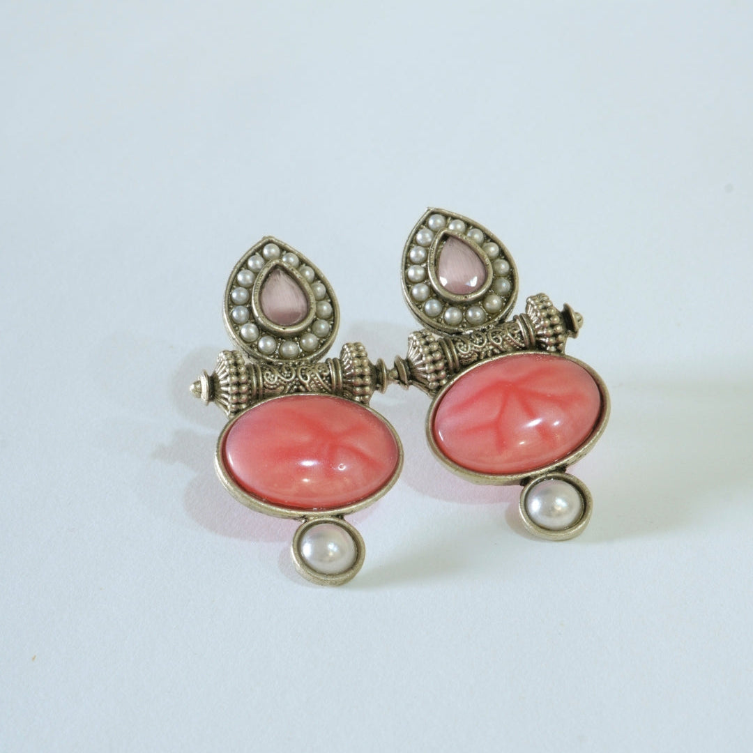 Pink Jaipur Stone Oxidized Earrings with Pearls