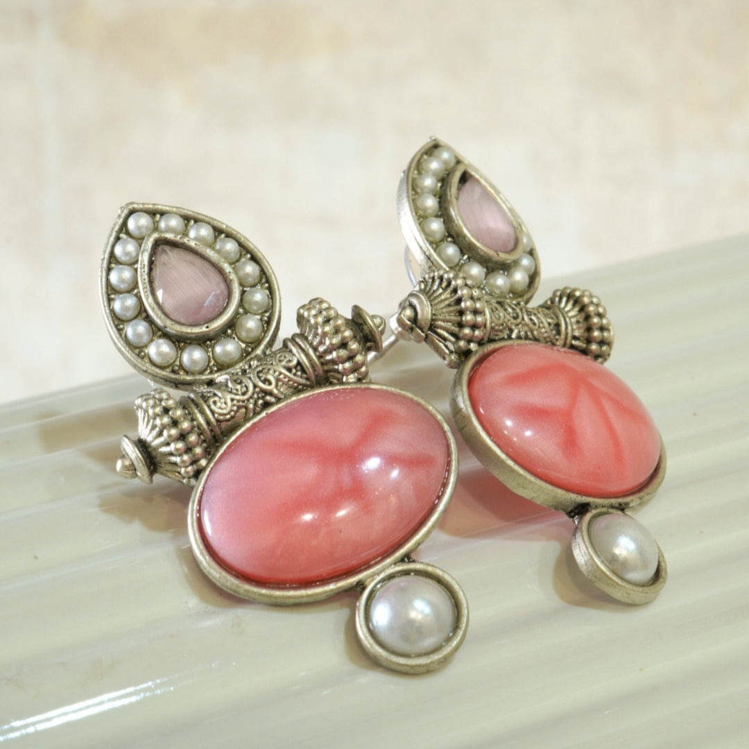 Pink Jaipur Stone Oxidized Earrings with Pearls