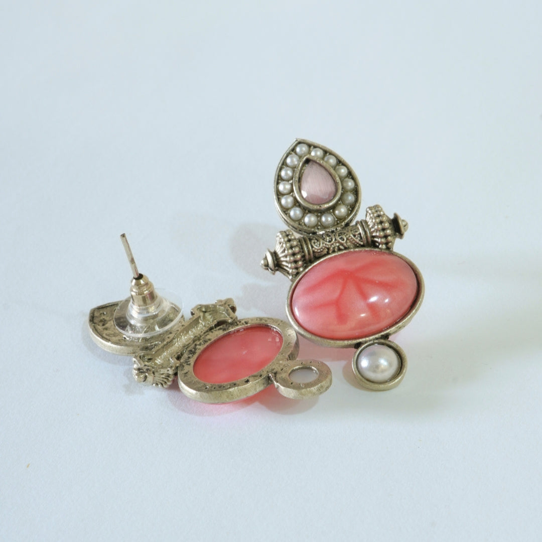 Pink Jaipur Stone Oxidized Earrings with Pearls