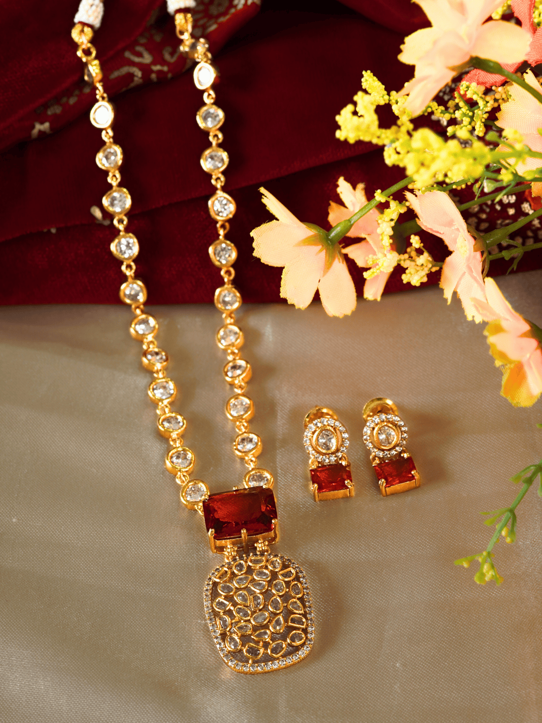 Indo-Western Brass Necklace Set with Bold Red Crystals n Zirconia