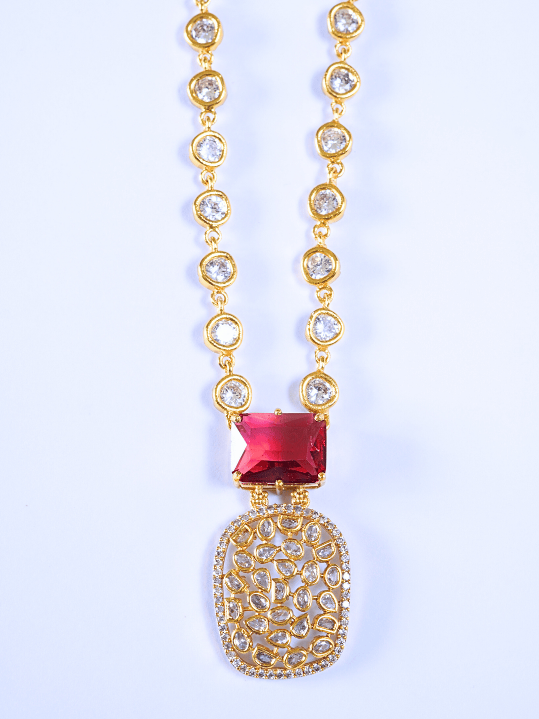 Indo-Western Brass Necklace Set with Bold Red Crystals n Zirconia