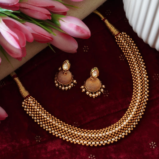 Traditional & Elegant Reversible Golden n White Beaded Necklace Set