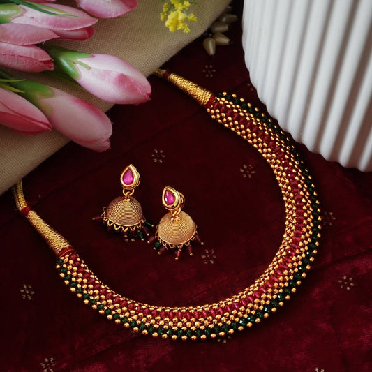 Ruby n Emerald Like Beaded Reversible Traditional Necklace Set