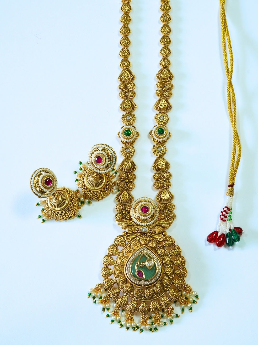 Premium Gold Plated Long Necklace Set with Jhumka Earrings