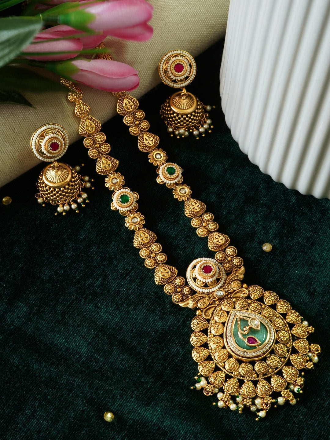Premium Gold Plated Long Necklace Set with Jhumka Earrings