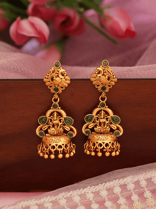 Heritage Laxmi Temple Jhumka with Faux Emerald & 22KT Matte Gold Finish