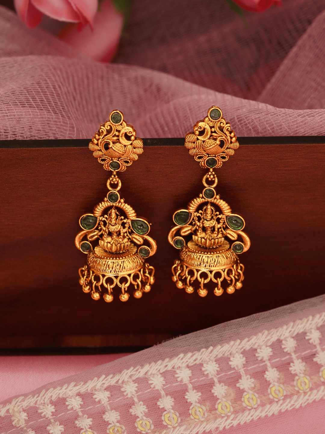 Heritage Laxmi Temple Jhumka with Faux Emerald & 22KT Matte Gold Finish