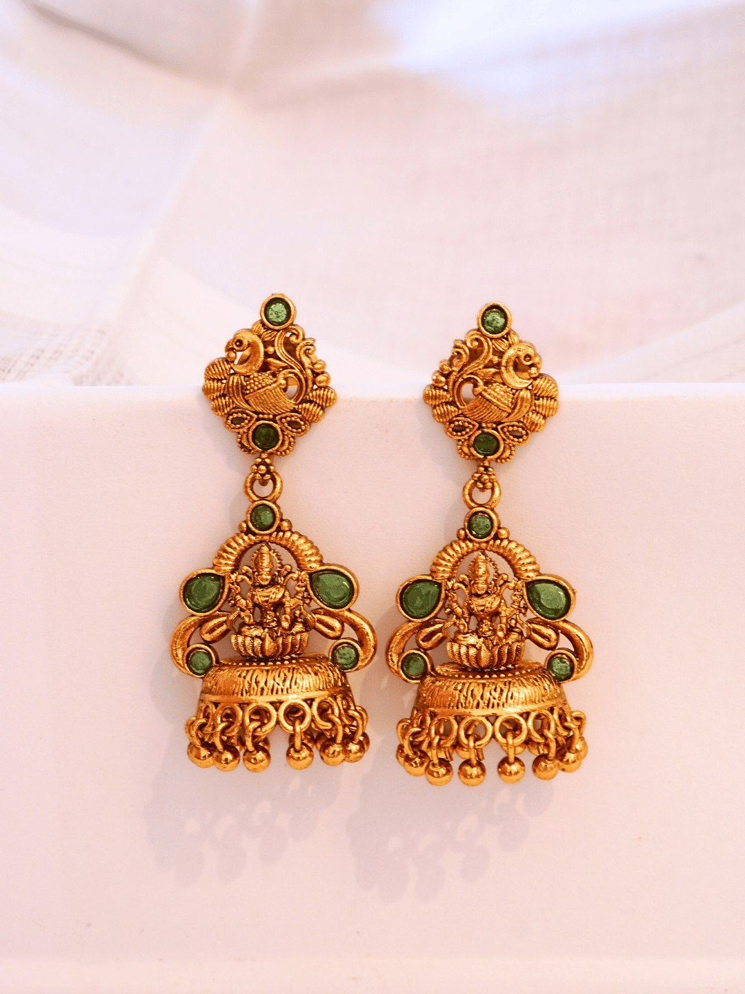 Heritage Laxmi Temple Jhumka with Faux Emerald & 22KT Matte Gold Finish