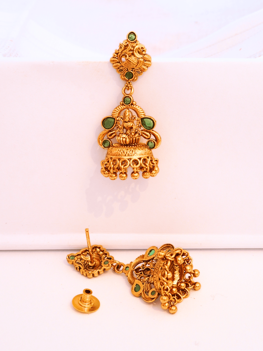 Heritage Laxmi Temple Jhumka with Faux Emerald & 22KT Matte Gold Finish