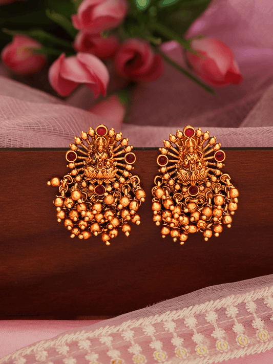 Heritage Laxmi Temple Big Studs with Faux Ruby Faux Emerald & 22KT Matte Gold