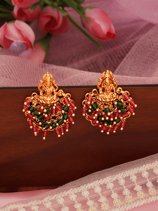 Ethnic Laxmi Temple Brass Studs with Red & Green Crystals in 22KT Gold Matte