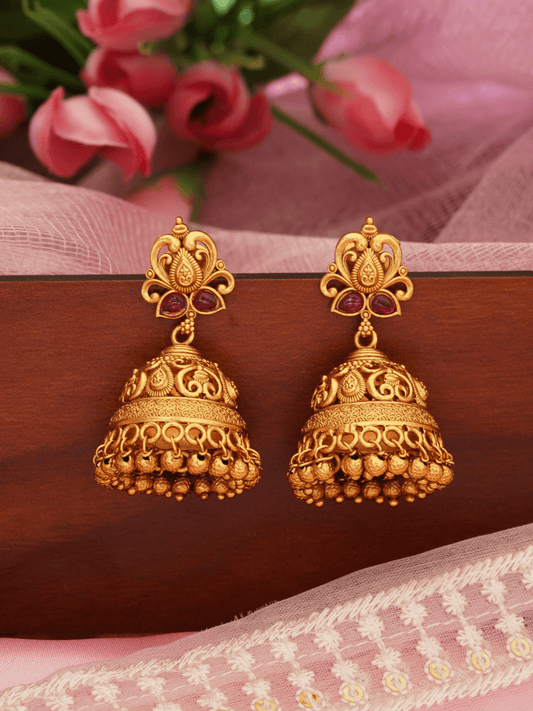 Ruby Studded Traditional Brass Jhumka 22KT Gold Plated Matte Finish