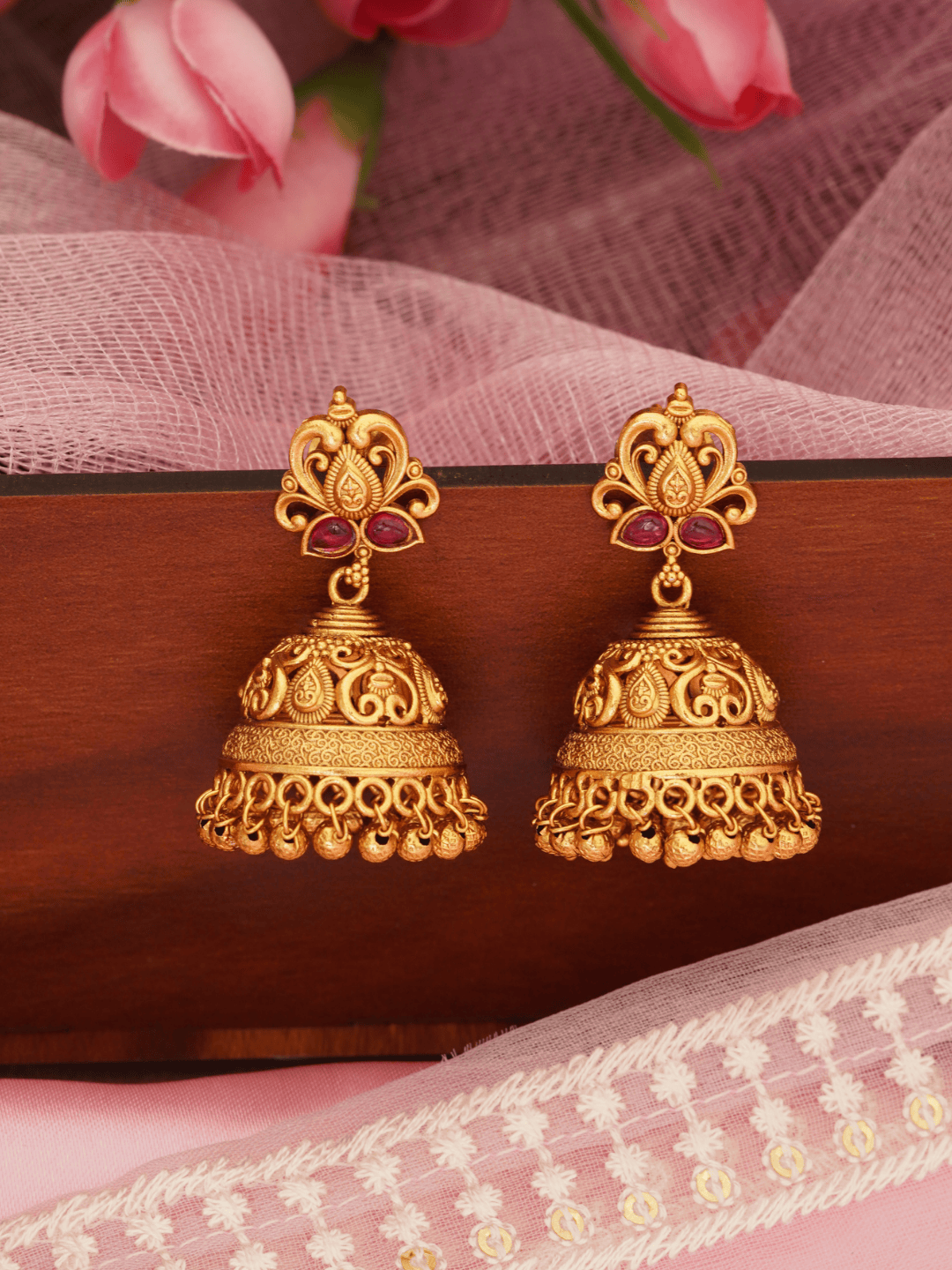 Ruby Studded Traditional Brass Jhumka 22KT Gold Plated Matte Finish