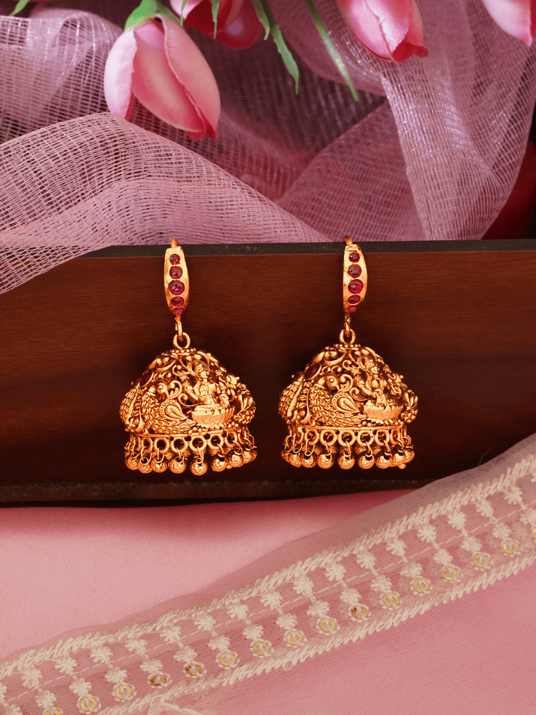 Classic Faux Ruby Temple Jhumkas in Bold Linear Finish