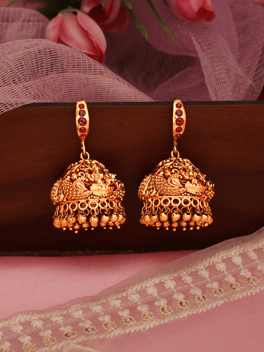 Classic Faux Ruby Temple Jhumkas in Bold Linear Finish