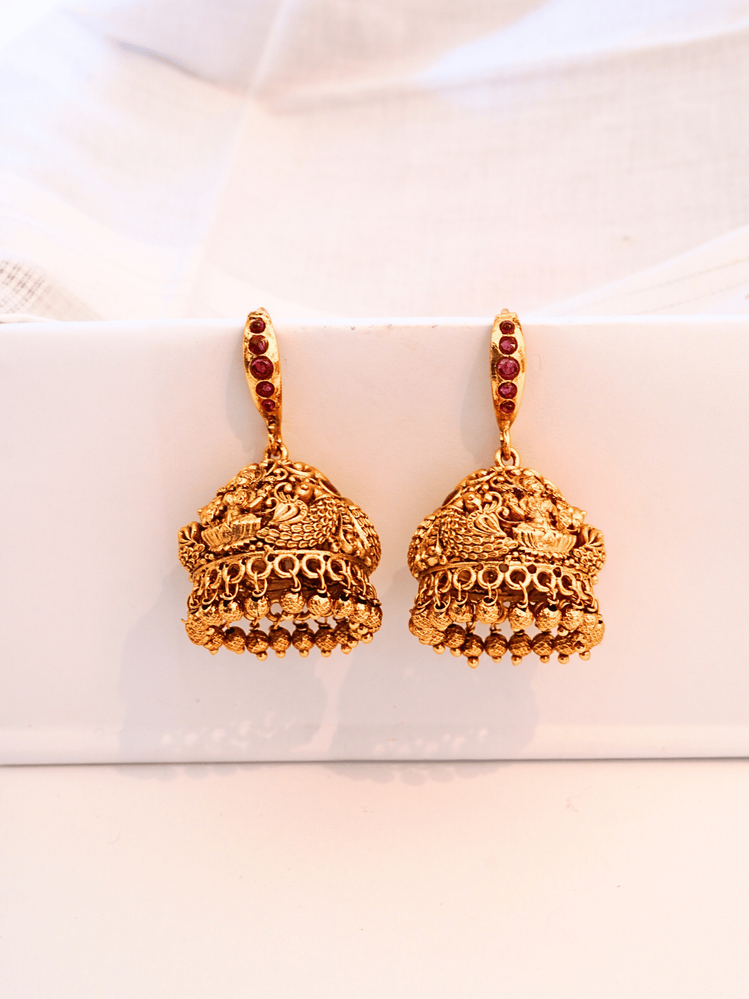 Classic Faux Ruby Temple Jhumkas in Bold Linear Finish