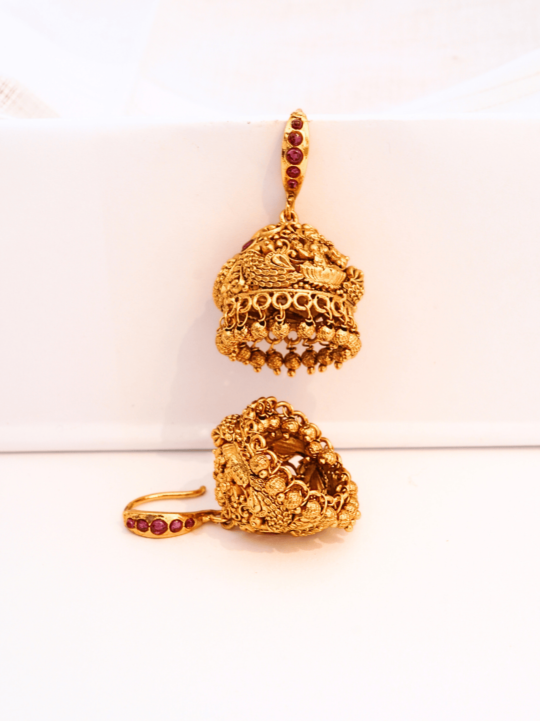 Classic Faux Ruby Temple Jhumkas in Bold Linear Finish