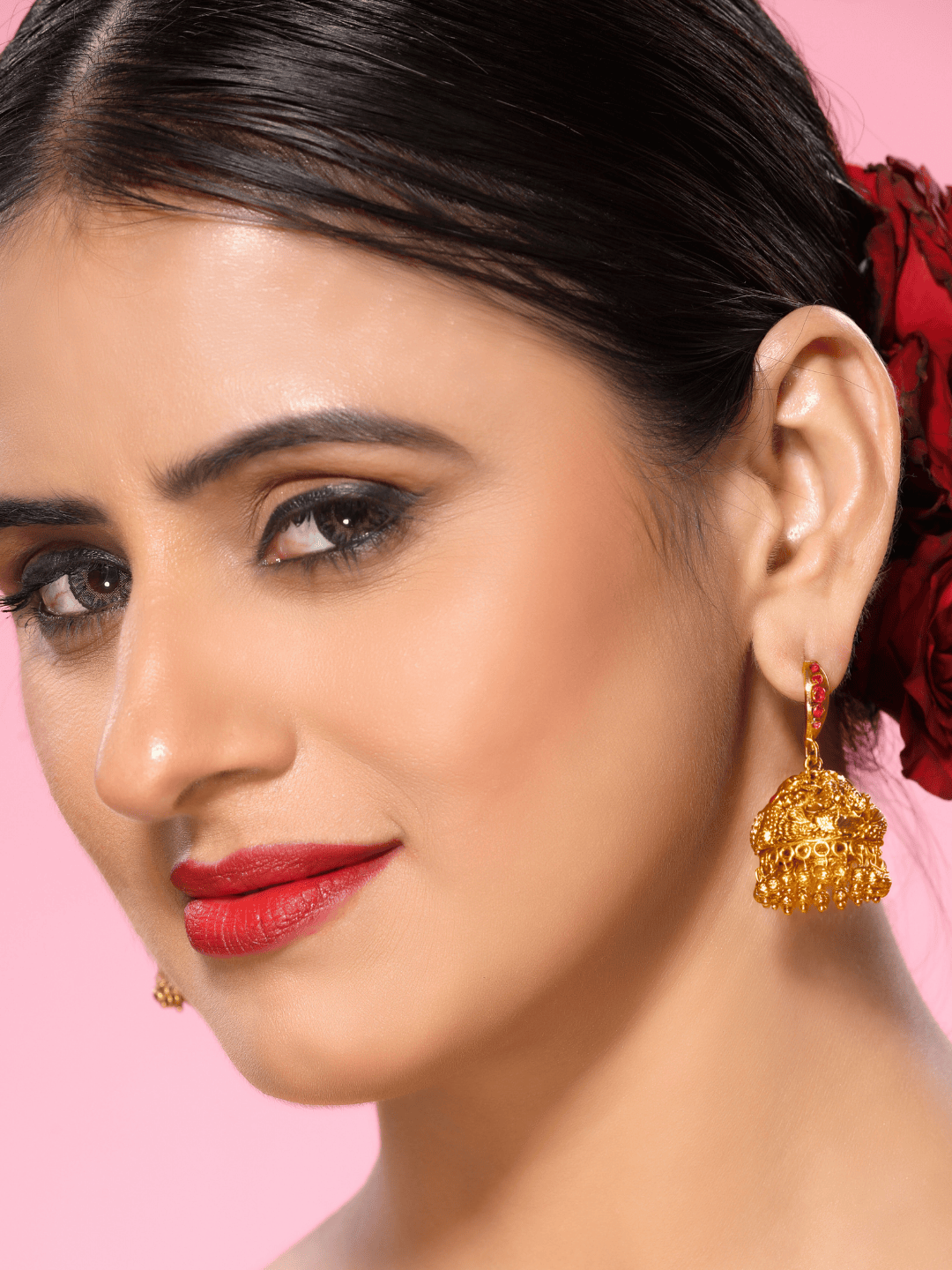 Classic Faux Ruby Temple Jhumkas in Bold Linear Finish