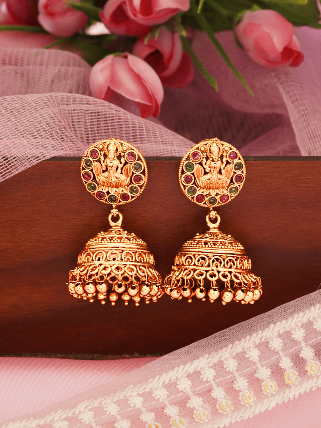 Antique-Style Matte Gold Jhumka with Faux Ruby & Emerald