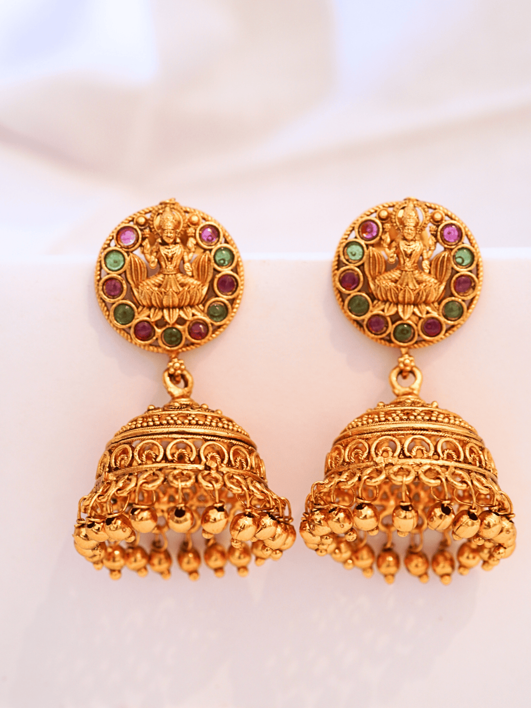 Antique-Style Matte Gold Jhumka with Faux Ruby & Emerald