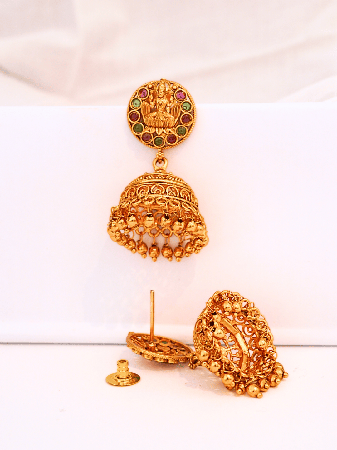 Antique-Style Matte Gold Jhumka with Faux Ruby & Emerald