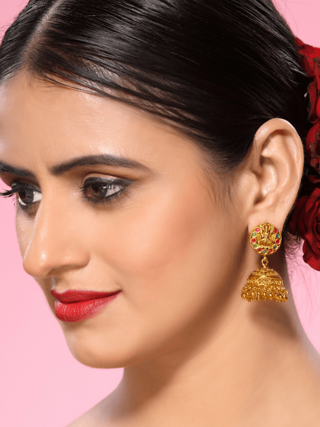 Antique-Style Matte Gold Jhumka with Faux Ruby & Emerald