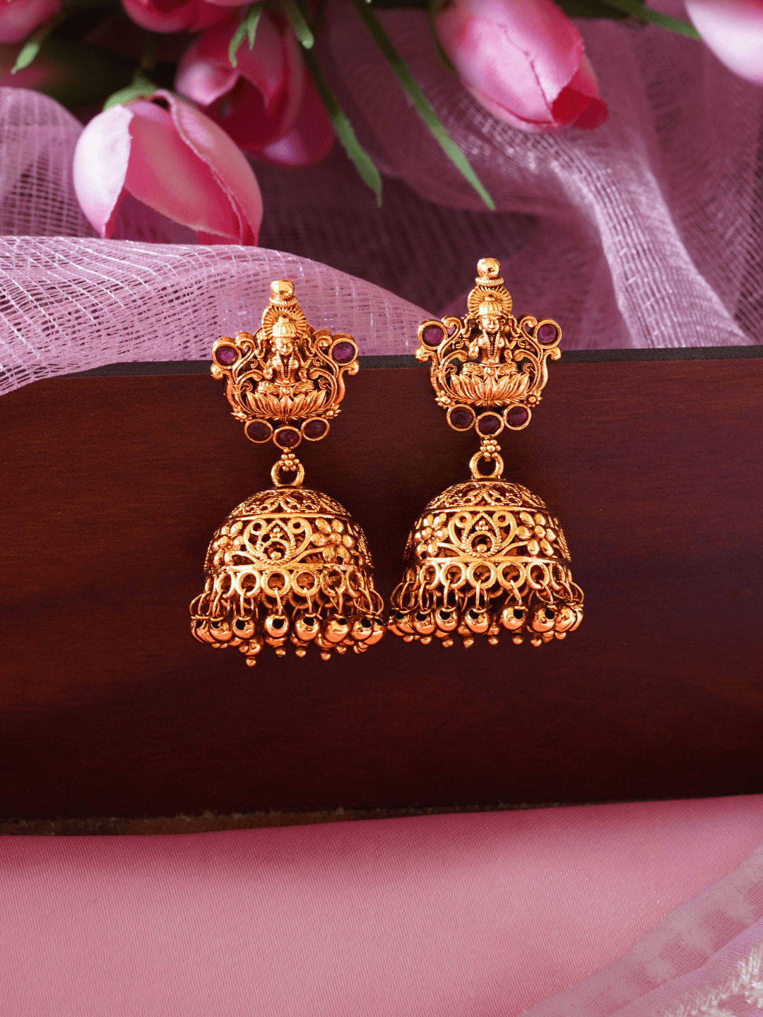 Laxmi Temple Matte Gold-Plated Ruby Jhumka
