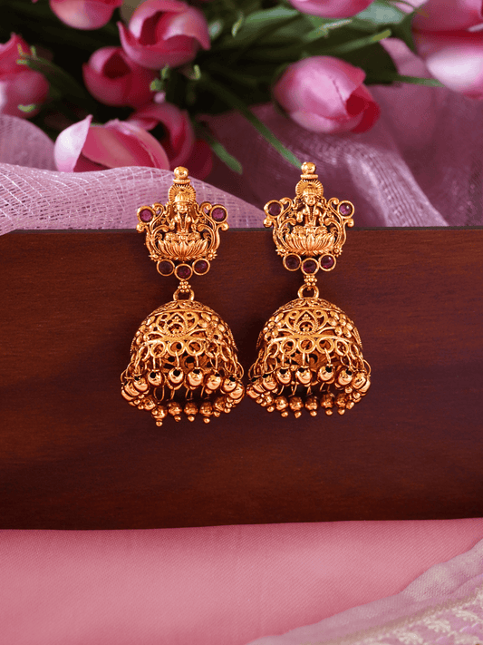 Laxmi Temple Matte Gold-Plated Ruby Jhumka