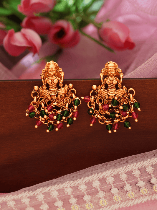 Divine Laxmi Studs in 22KT Matte Gold with Festive Red Green Motifs