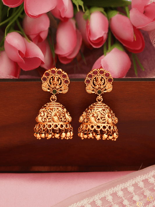 Timeless Laxmi Temple Jhumkas in Matte Gold with Ruby Inlay