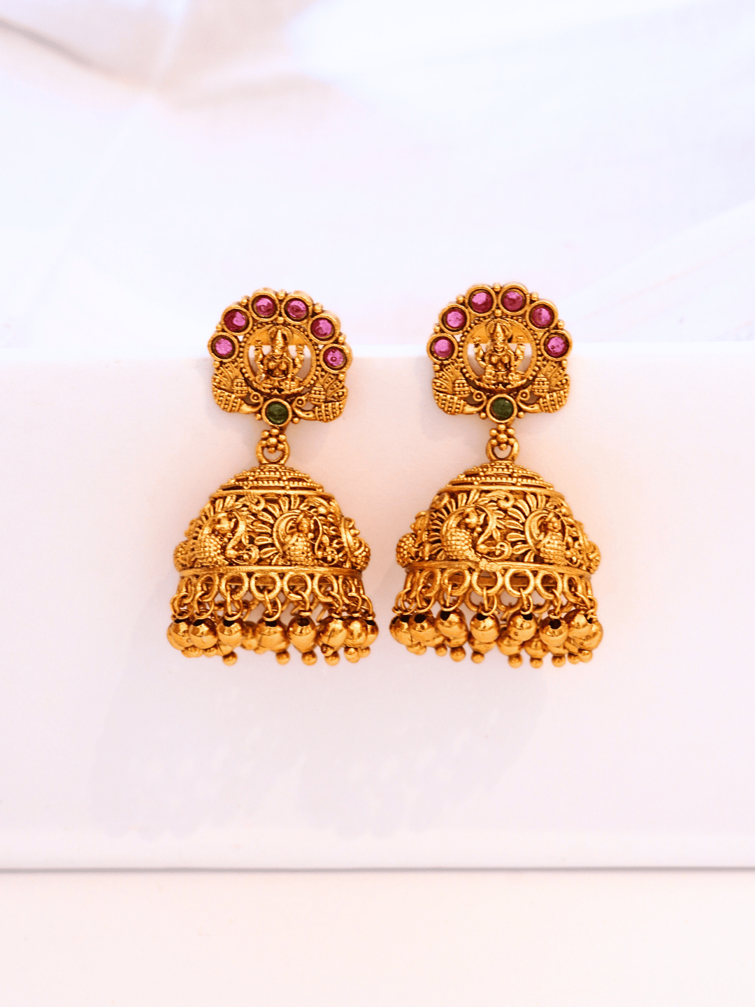 Timeless Laxmi Temple Jhumkas in Matte Gold with Ruby Inlay