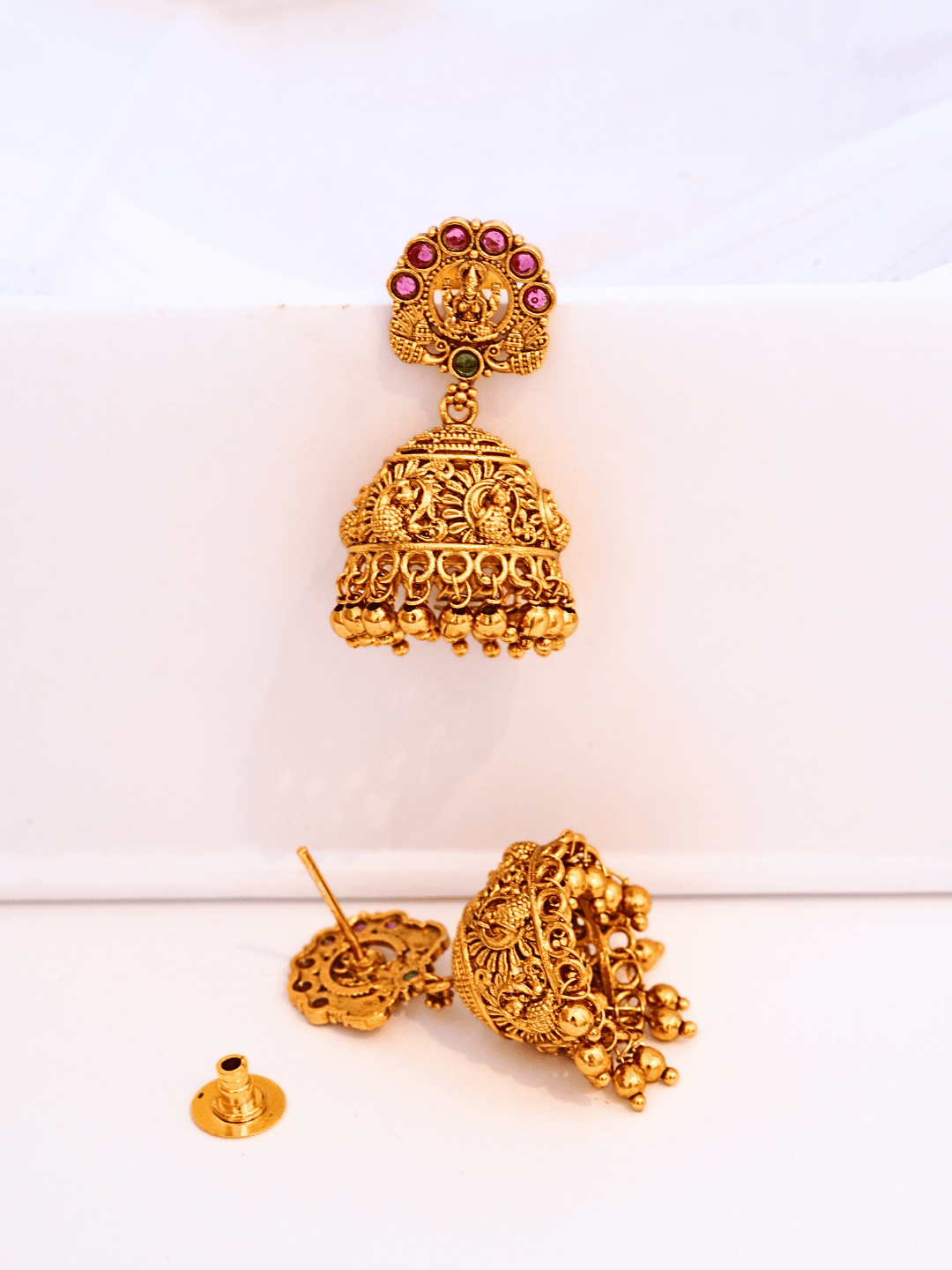 Timeless Laxmi Temple Jhumkas in Matte Gold with Ruby Inlay