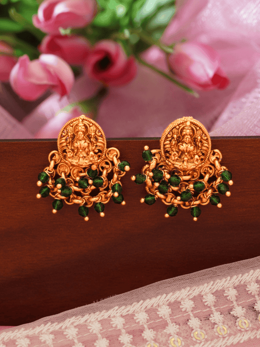Elegant Laxmi Temple Studs with Green Crystals in 22KT Gold Matte