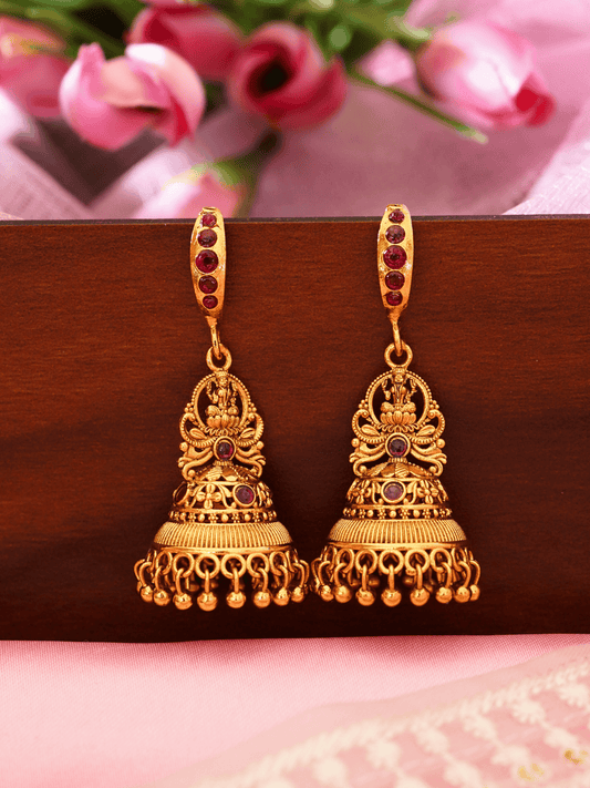 Linear Laxmi Temple Jhumka Earrings | 8KT Matte Gold-Plated Finish