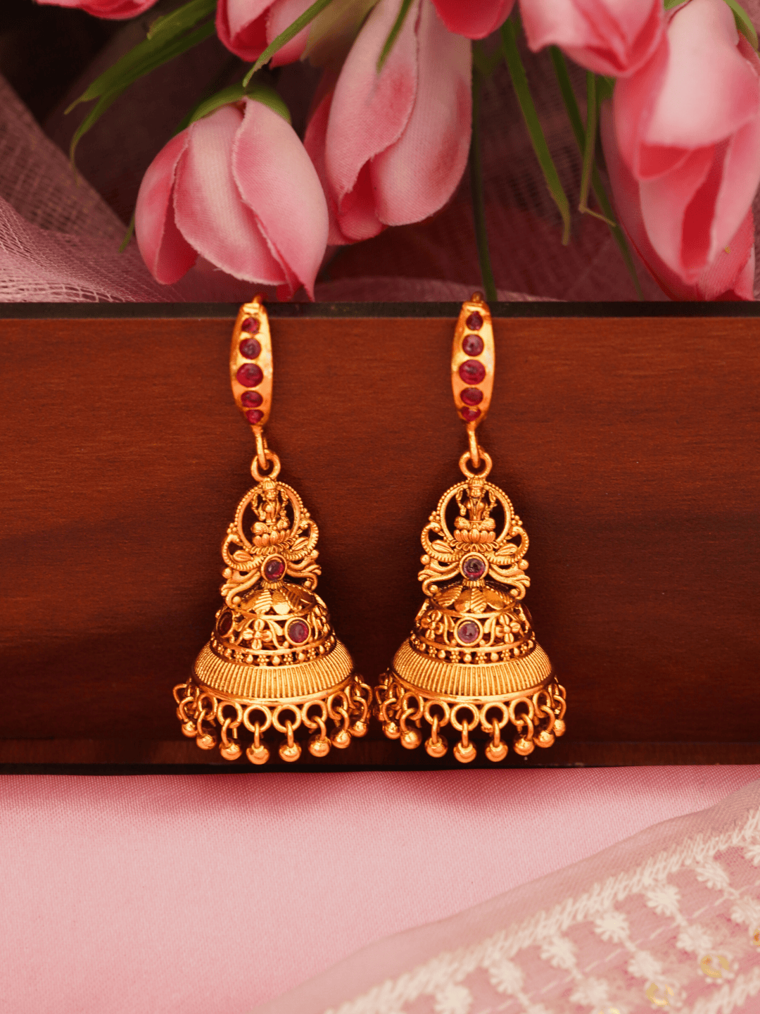 Linear Laxmi Temple Jhumka Earrings | 8KT Matte Gold-Plated Finish