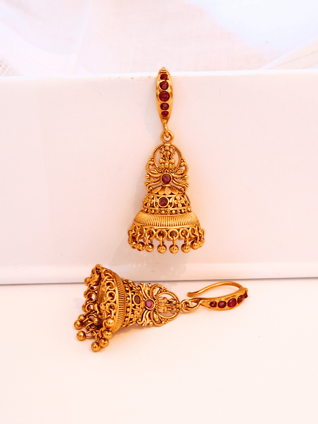 Linear Laxmi Temple Jhumka Earrings | 8KT Matte Gold-Plated Finish