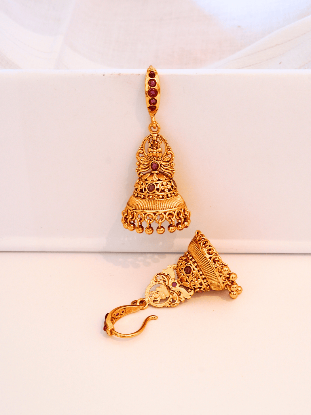 Linear Laxmi Temple Jhumka Earrings | 8KT Matte Gold-Plated Finish