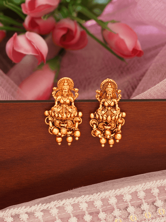 Charming Laxmi Temple Stud Earrings in 22KT Matte Gold