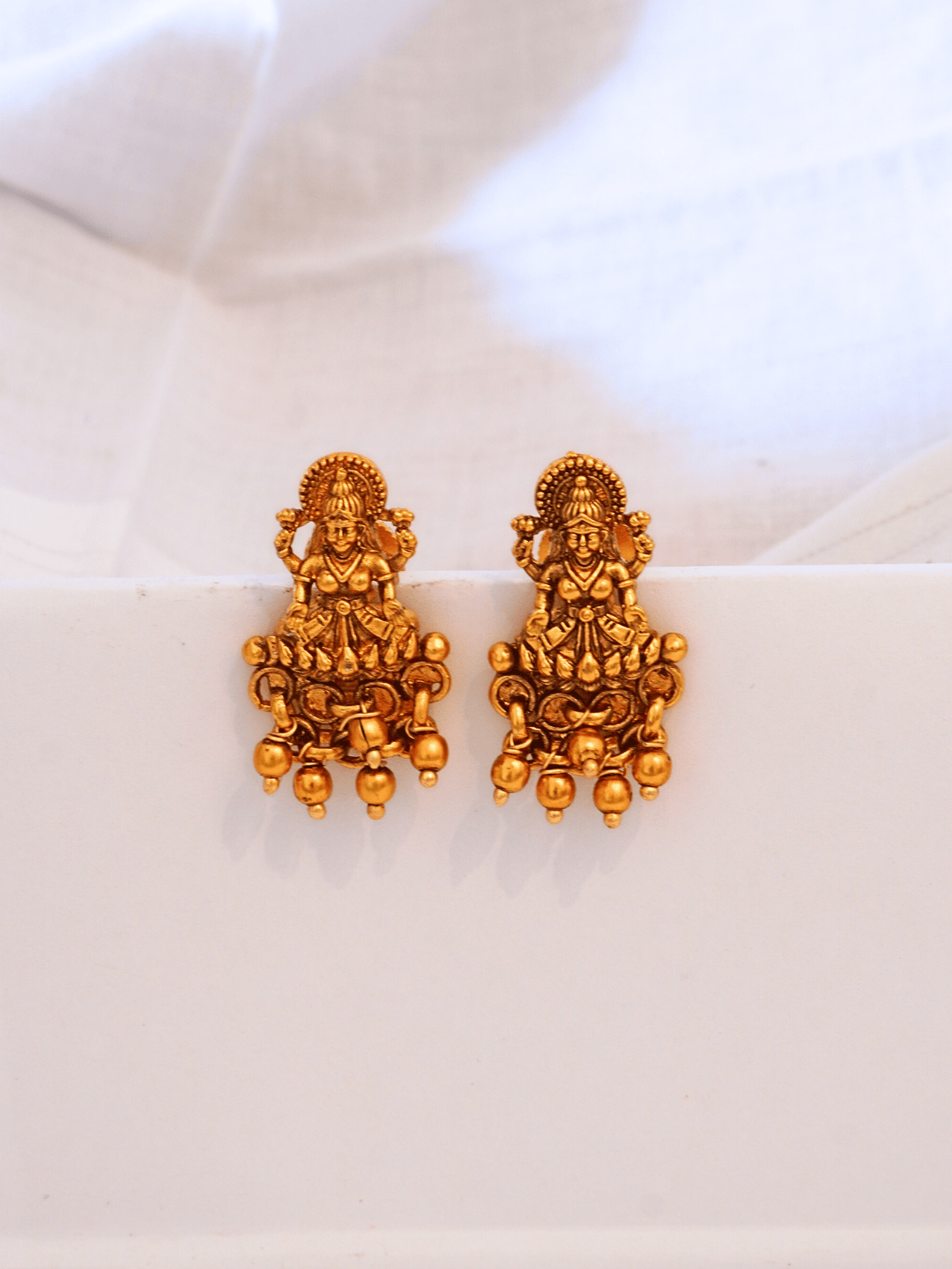 Charming Laxmi Temple Stud Earrings in 22KT Matte Gold