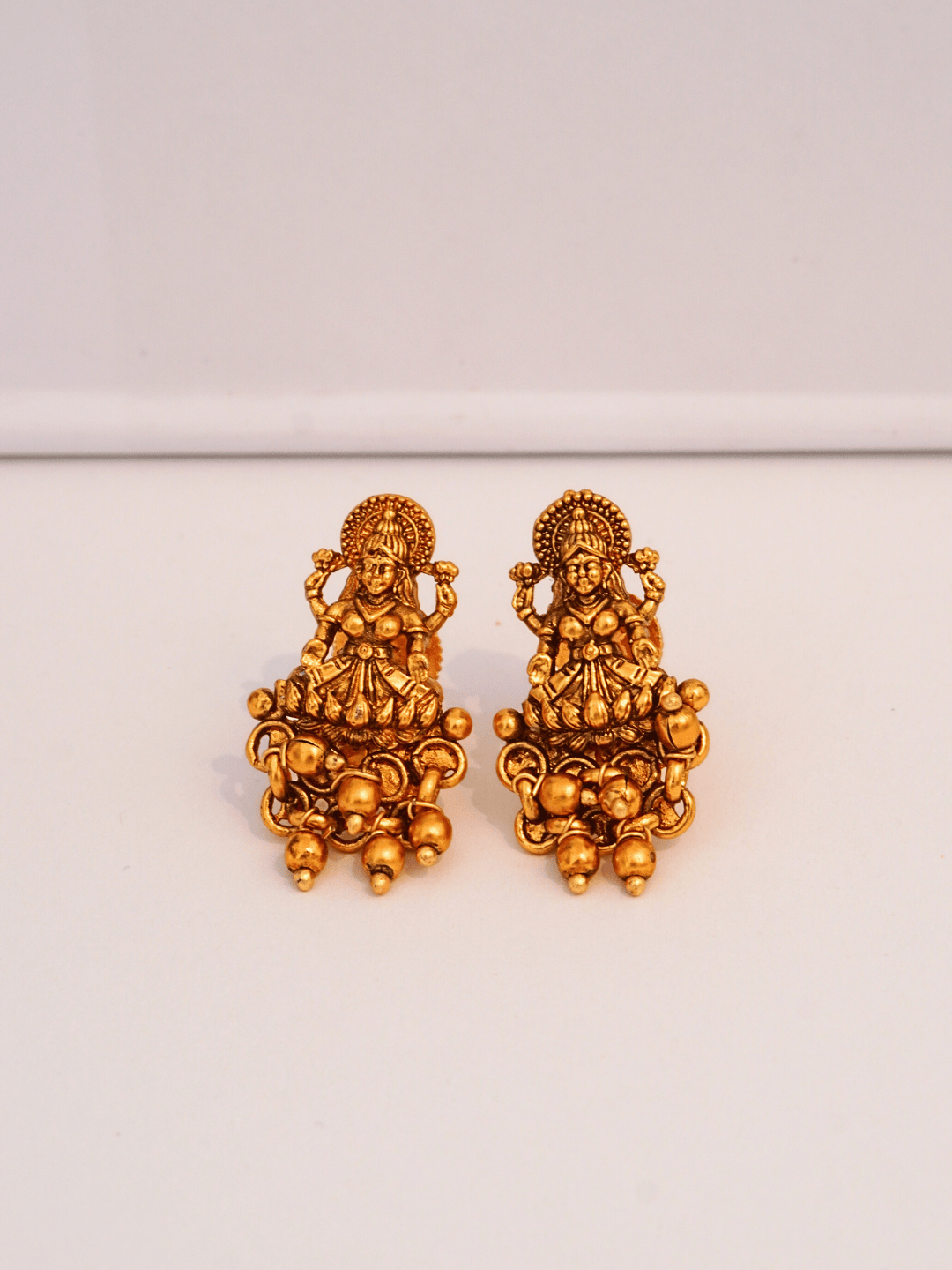 Charming Laxmi Temple Stud Earrings in 22KT Matte Gold