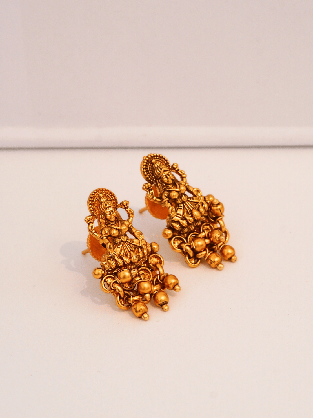 Charming Laxmi Temple Stud Earrings in 22KT Matte Gold