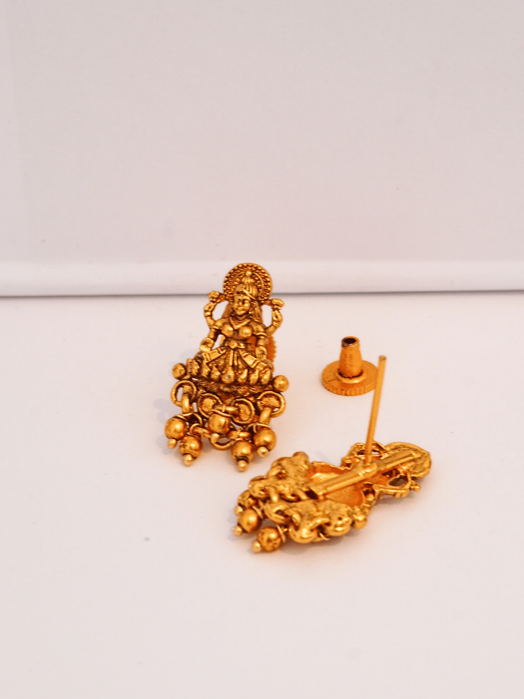 Charming Laxmi Temple Stud Earrings in 22KT Matte Gold