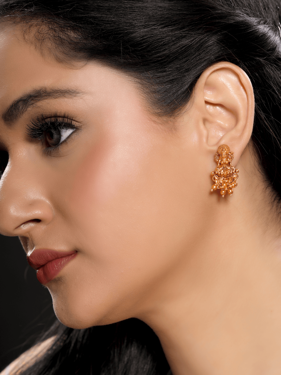 Charming Laxmi Temple Stud Earrings in 22KT Matte Gold