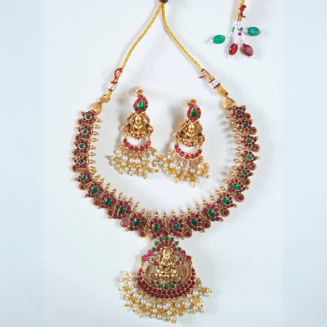 18KT Gold Plated Brass Temple Laxmi Necklace Set with Dangler Earrings