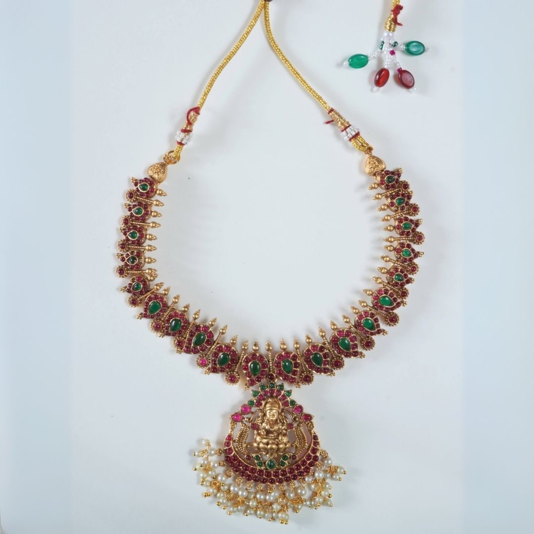 18KT Gold Plated Brass Temple Laxmi Necklace Set with Dangler Earrings