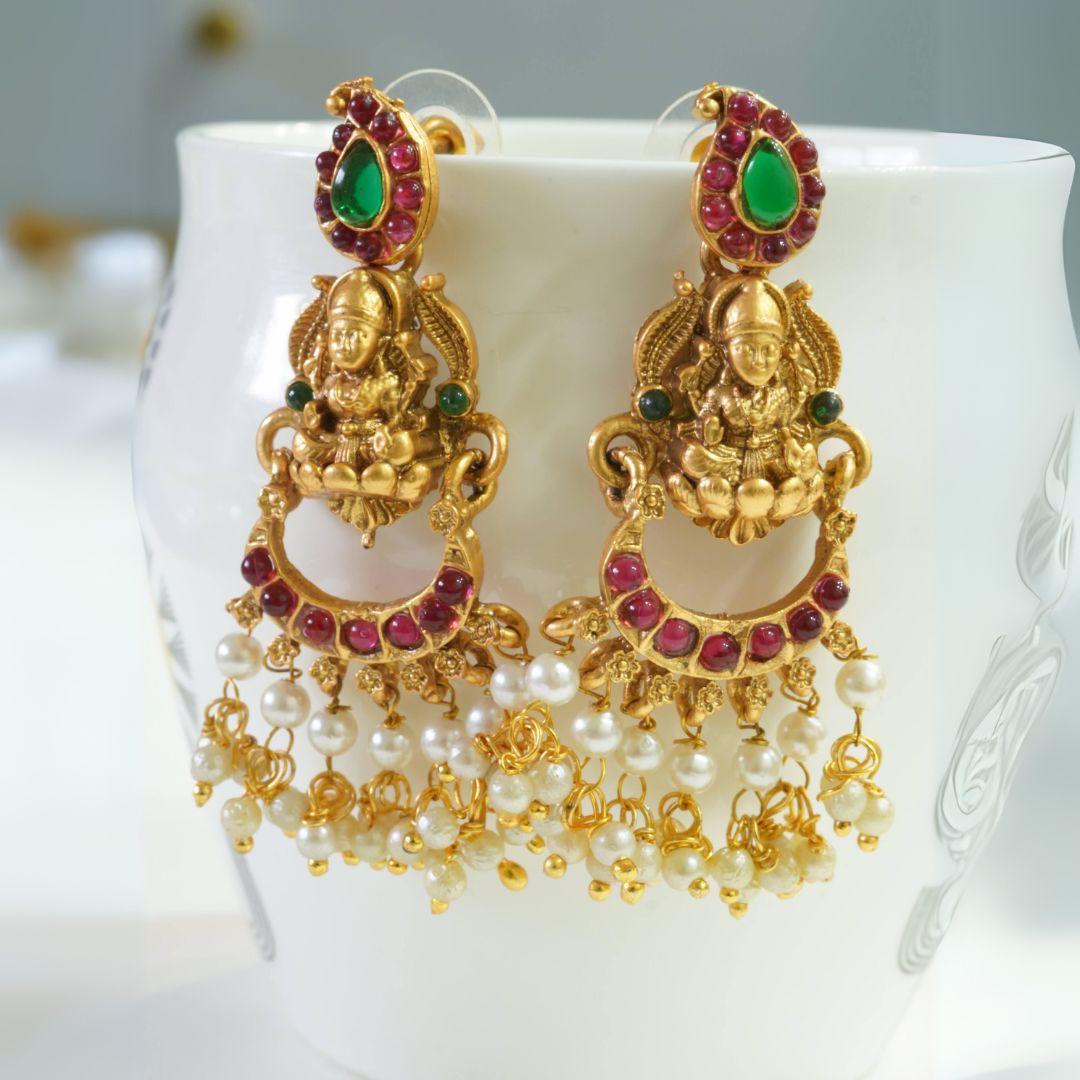 18KT Gold Plated Brass Temple Laxmi Necklace Set with Dangler Earrings