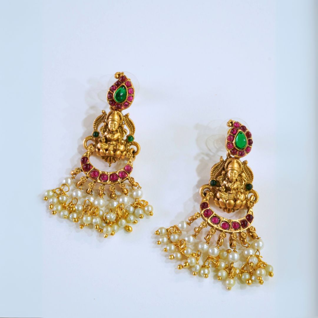 18KT Gold Plated Brass Temple Laxmi Necklace Set with Dangler Earrings